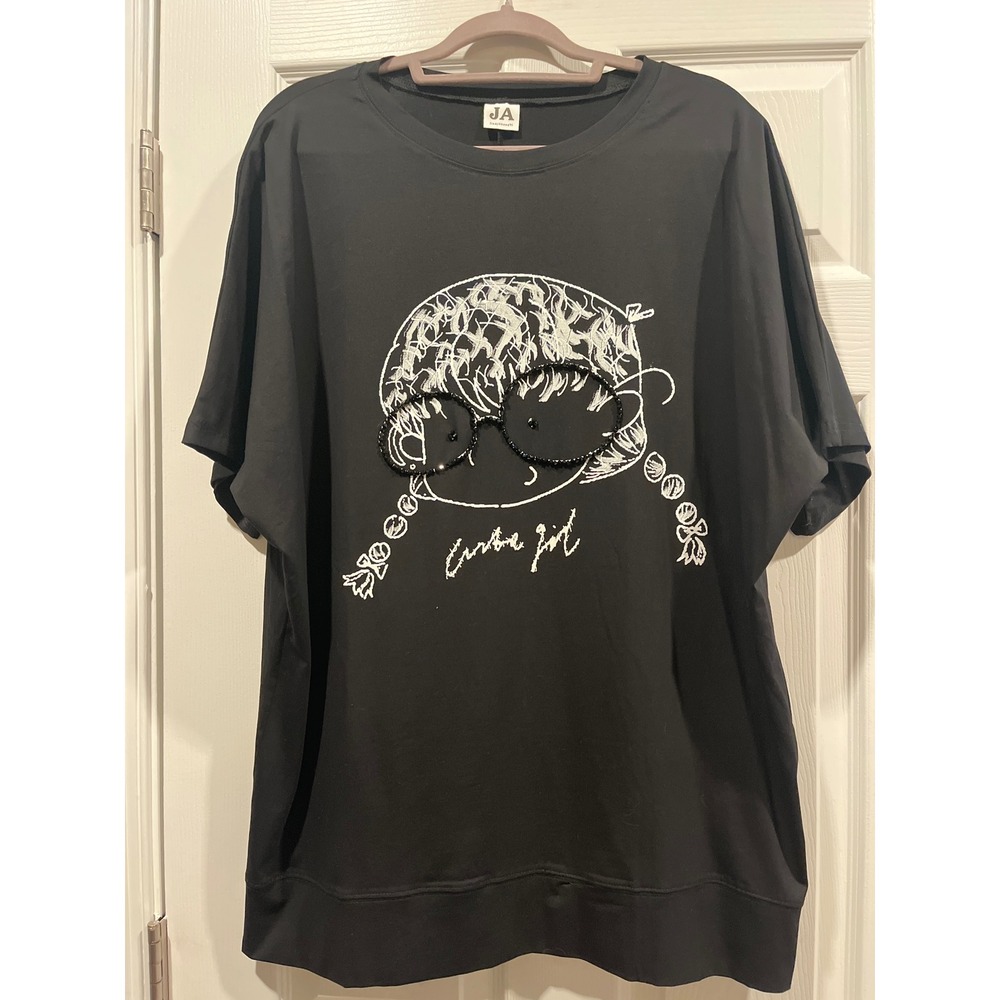 JieAiShangYi Black Oversized Graphic T-Shirt Beaded Glasses Cute Girl Top XL